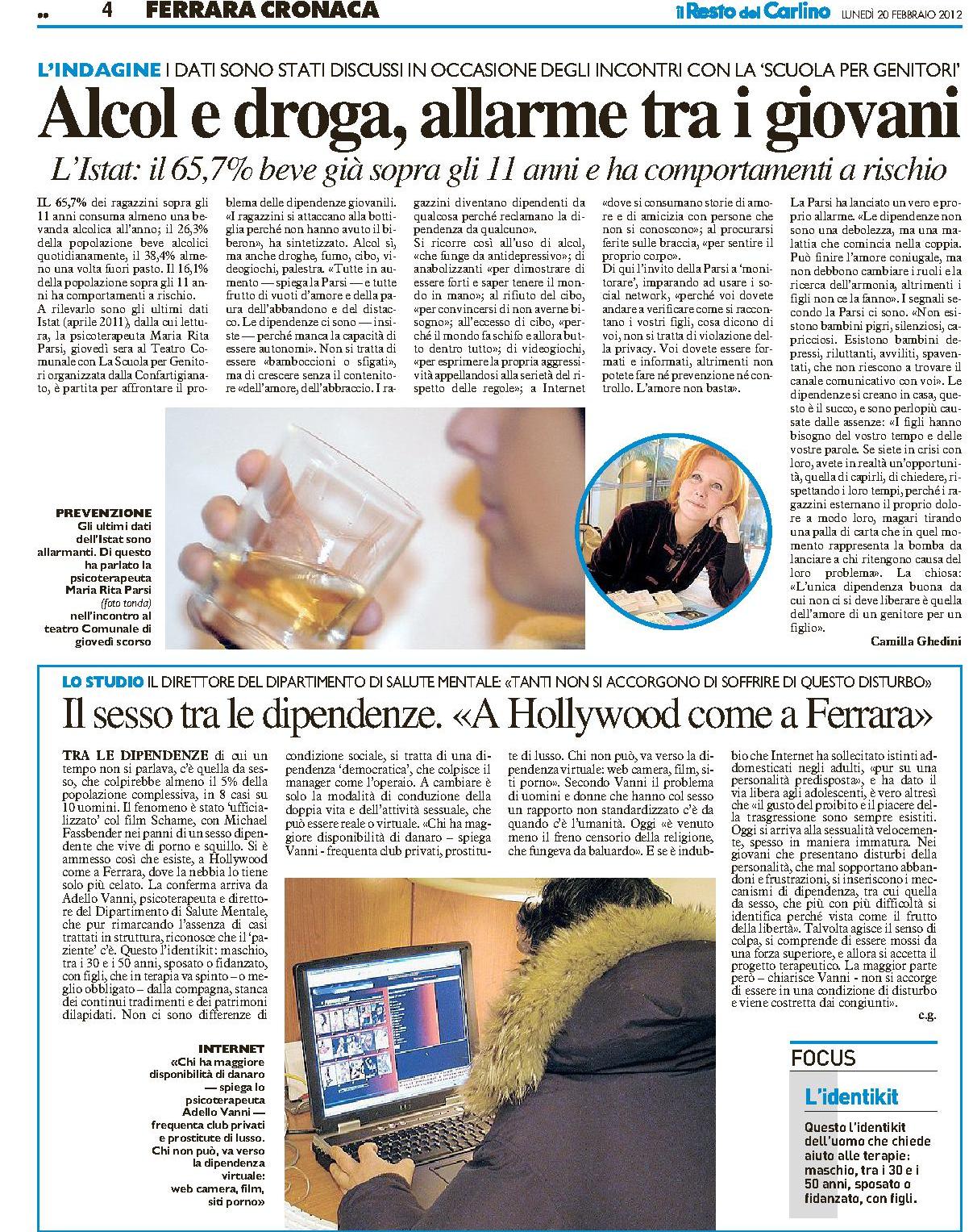 Riflessioni Sulla Droga E I Giovani Dal “Resto del Carlino” del 20/02/12: Alcol e droga , allarme tra i
