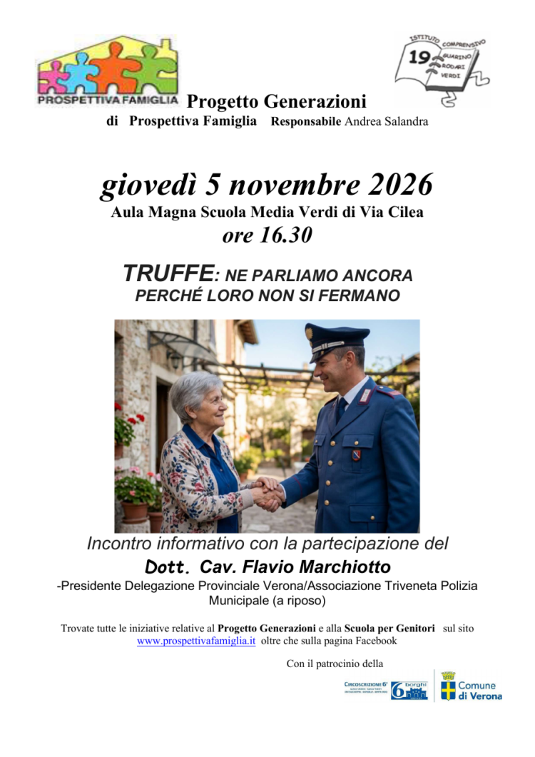 Giovedì 5 novembre 2026 · Progetto Generazioni: TRUFFE: NE PARLIAMO ANCORA, PERCHÉ LORO NON SI FERMANO